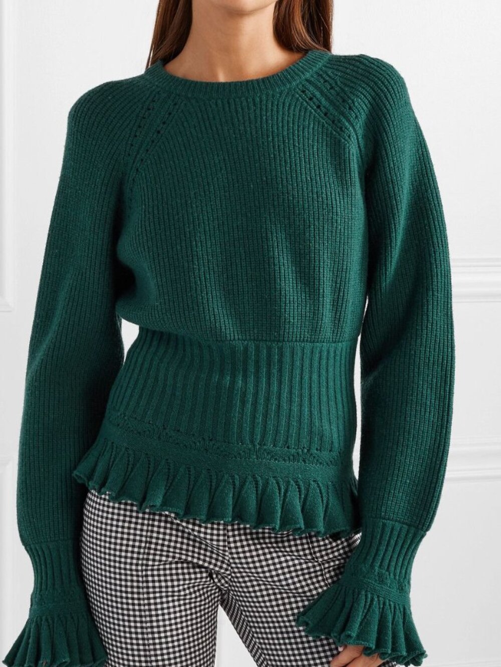 Opening Ceremony Emerald Ruffled Pointelle-trimmed Knitted Sweater S